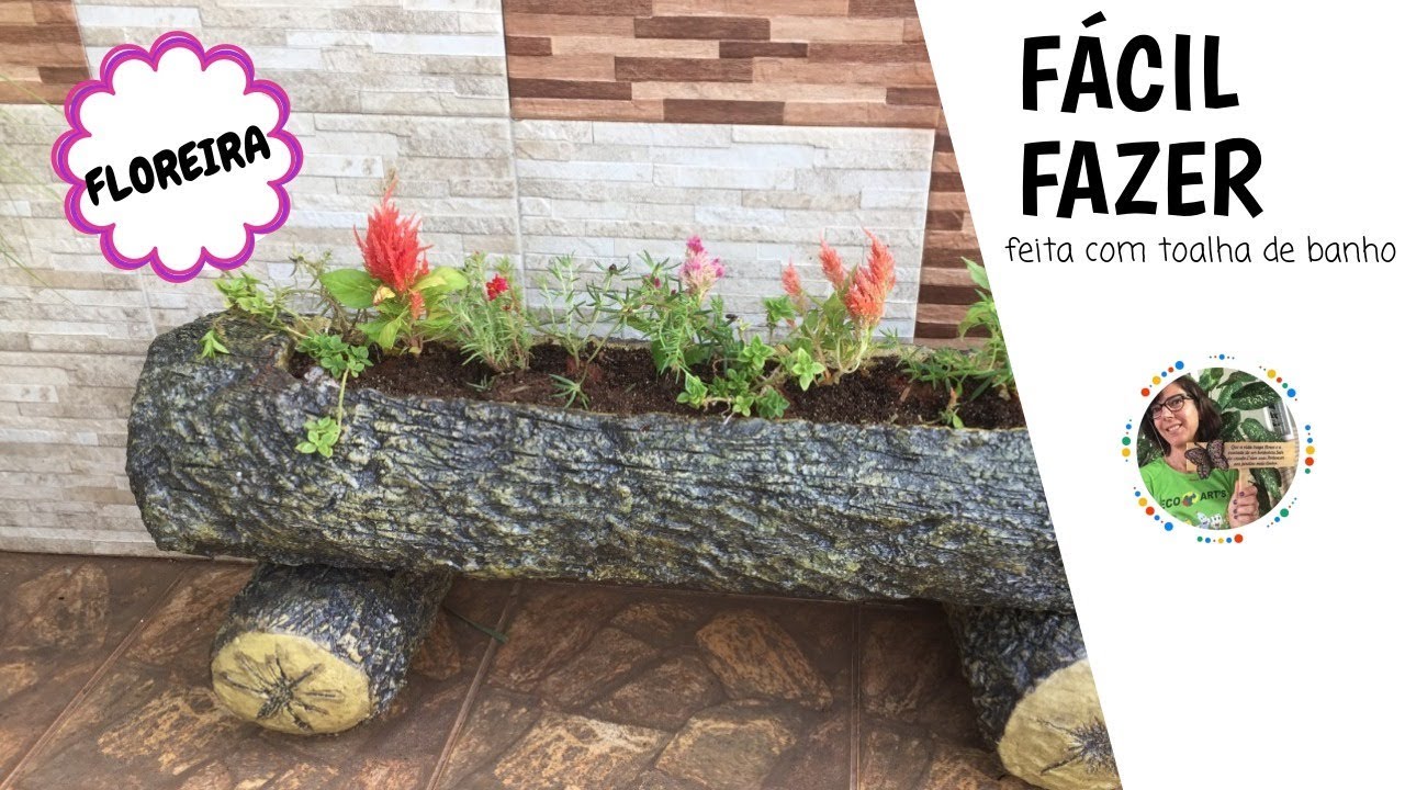 DIY -Flower pot with tree log shape: made by towel styrofoam and cement.