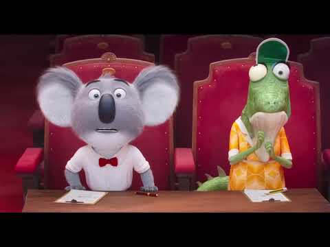 Sing (2016) trailer frame: Buster Moon and the contestants facing the Moon Theater stage lights