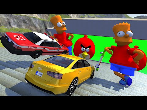 Crazy Vehicle Stairs Jumps Down With Bart & Angry Birds In Vertical Green Slime Pool - BeamNG drive