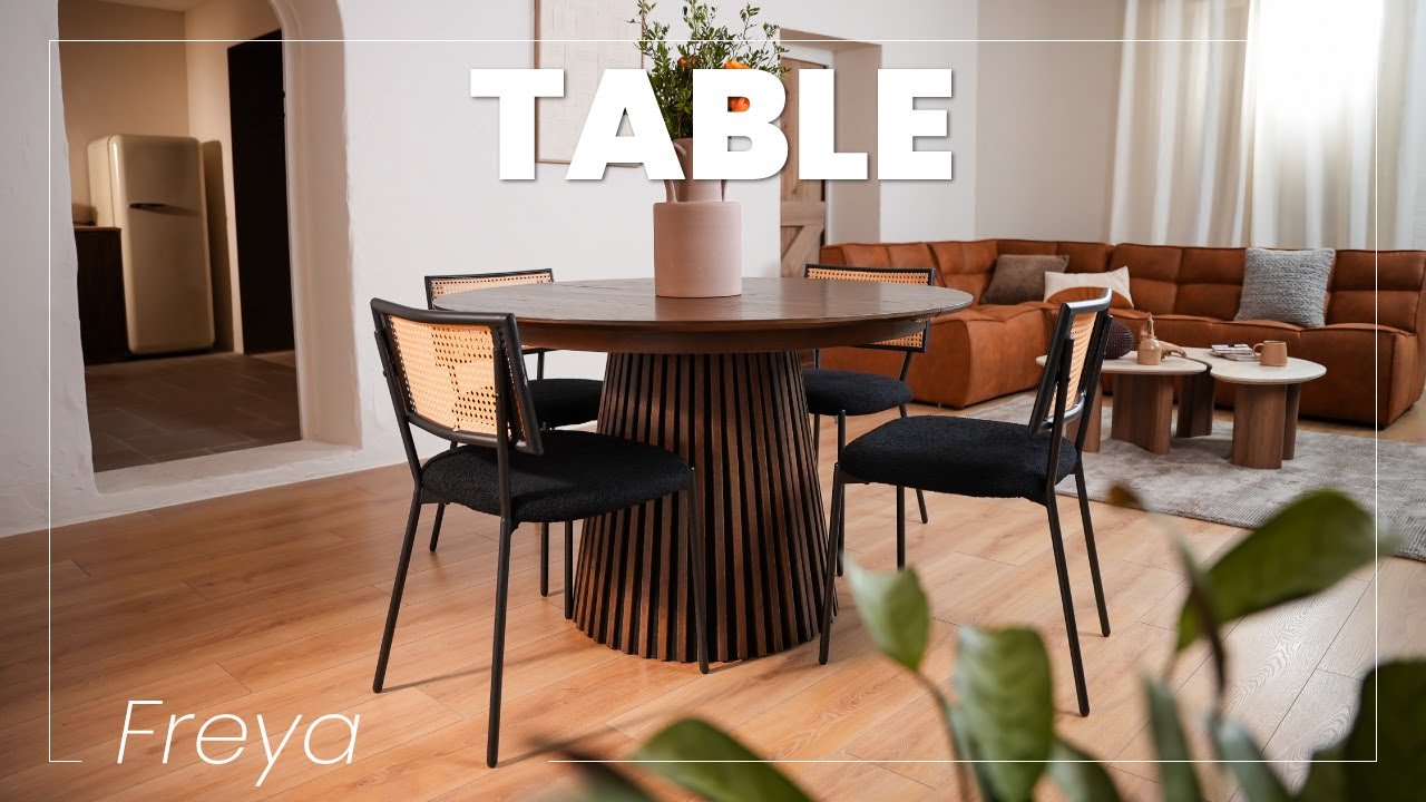 Thumbnail video of the produit Freya - table à manger ronde extensible - effet bois foncé - 4 à 8 personnes