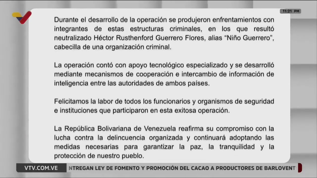 "Niño Guerrero". Comunicado del gobierno de Venezuela sobre su neutralización