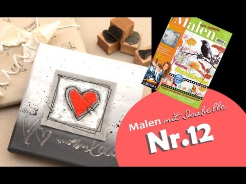 Herzbild mit genähten Linien und gestempeltem Papier - kleiner Acrylworkshop