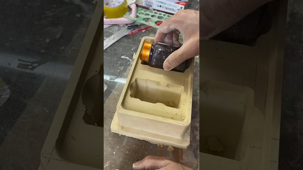 Handmade gypsum blister mold process, packaging box design to hold two medicine bottles