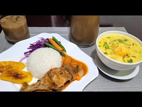 Sopa de bolitas de maíz, Pollo al jugo, Colada de Máchica con maracuyá