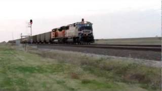 preview picture of video 'BNSF coal empty passing dickworsham siding with vomit bonnet sd70mac on dpu'