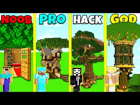 Minecraft Battle: INSIDE TREE HOUSE BUILD CHALLENGE - NOOB vs PRO vs HACKER vs GOD / Animation