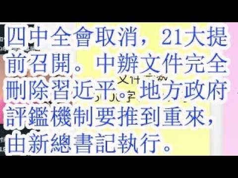 四中全会取消，21大提前召开。中办文件完全删除习近平。地方政府评价机制要推到重来，由新总书记执行。