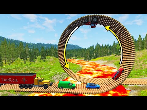 Cars vs Loop Bridge Over Lava River - BeamNG.Drive