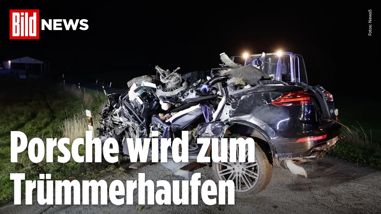 PORSCHE VÖLLIG ZERSTÖRT: SUV kracht in zwei Bäume – Fahrer (25) im Wrack eingeklemmt