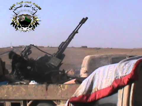 التصدي للطيران الحربي برشاش 23 على جبهة خناصر في ريف حلب من قبل الفرقة 77 لواء أحفاد الصحابة