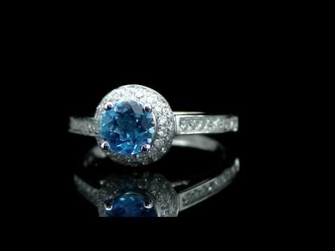 1.50 CT T.W. ROUND CUT  BLUE TOPAZ AND DIAMOND ENGAGEMENT RING 14K WHITE GOLD