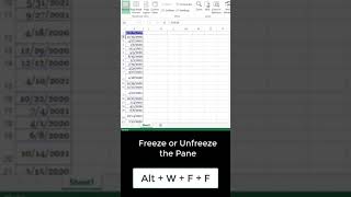 Freeze or Unfreeze the pane in excel shortcut.  #shorts