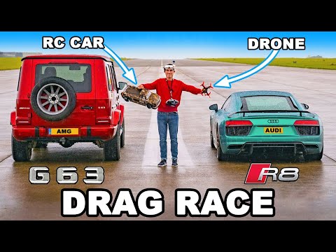 Audi R8 v RC Car v Drone v AMG G63 - DRAG RACE, ROLLING RACE & BRAKE TEST