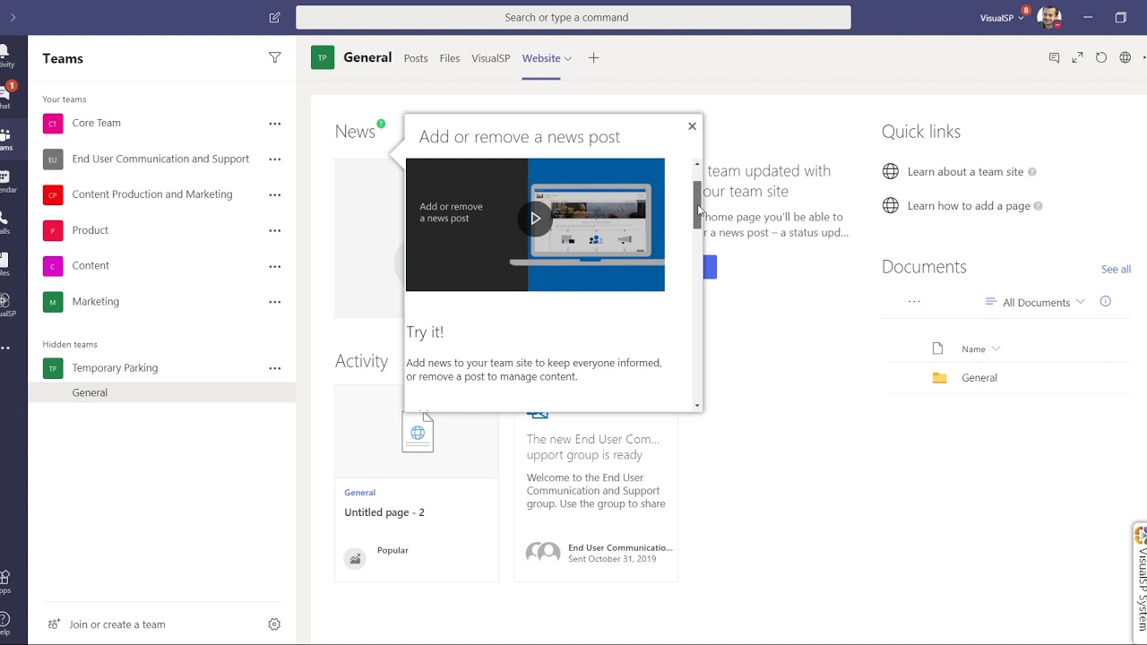 Inline help on SharePoint pages inside Microsoft Teams