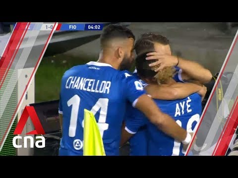 Brescia's Florian Aye celebrates goal, only to be denied by Video Assistant Referee