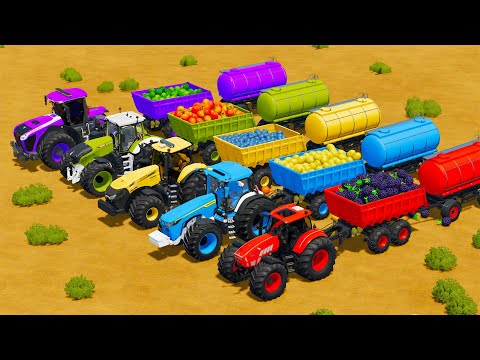 LAMBORGHINI vs CLAAS vs FENDT vs CASE TRACTORS BATTLE WITH FRUITS & FUEL TANKS - Fs 22