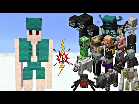 Epic Battle: Enchanted Cyan Wool Golem vs All Minecraft Mobs – Ultimate Showdown!