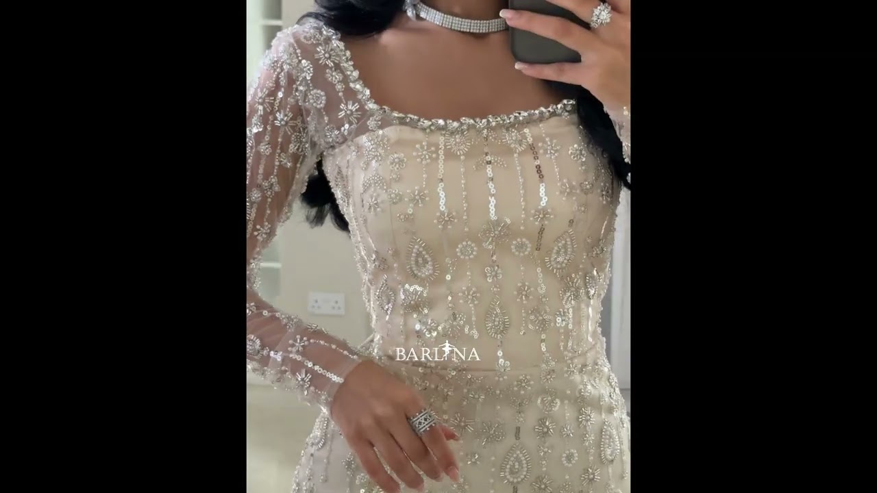 فستان سهرة بيج بتطريزات لامعة بالكامل - XXL