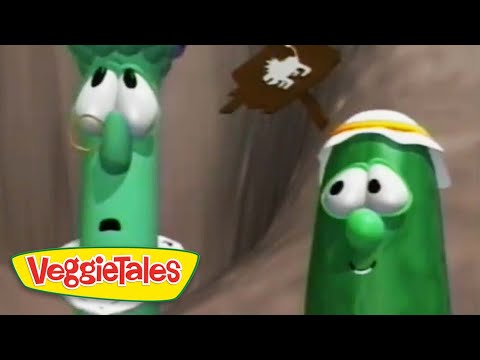 Two green VeggieTales cucumber characters look surprised, with the show's logo in the corner.