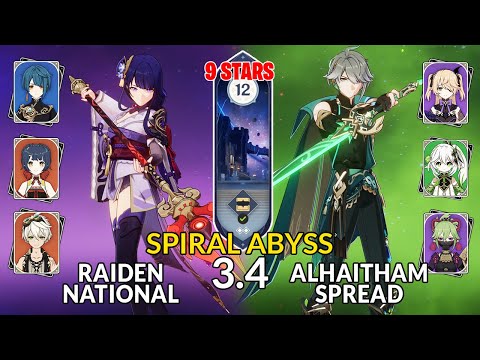 NEW 3.4 Spiral Abyss!│Raiden National & Alhaitham Spread | Floor 12 - 9 Stars | Genshin Impact F2P