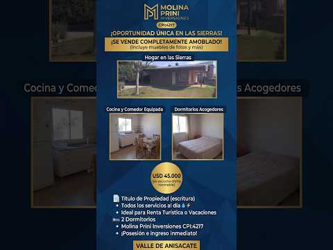 VENTA CASA 2 DORM AMOBLADA!! VALLE ANISACATE-SIERRAS DE CORDOBA USD 45.000