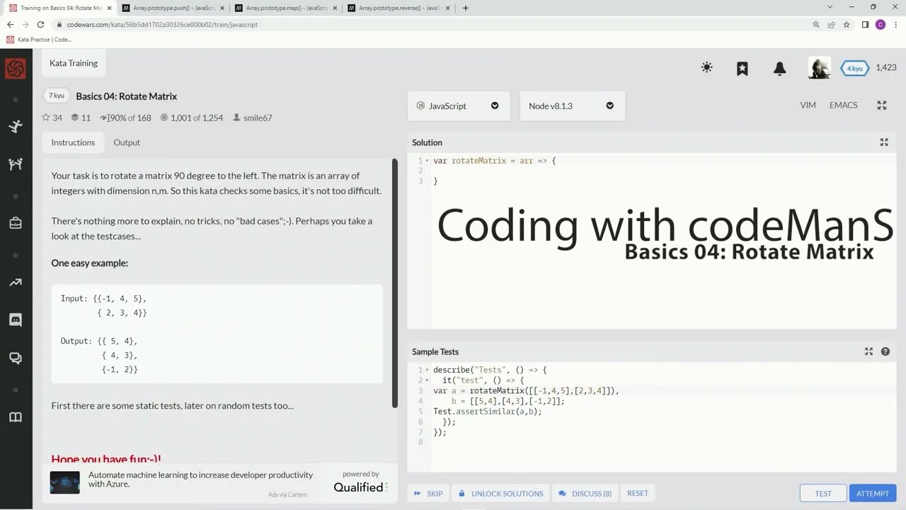Codewars 7 kyu Basics 04: Rotate Matrix Javascript