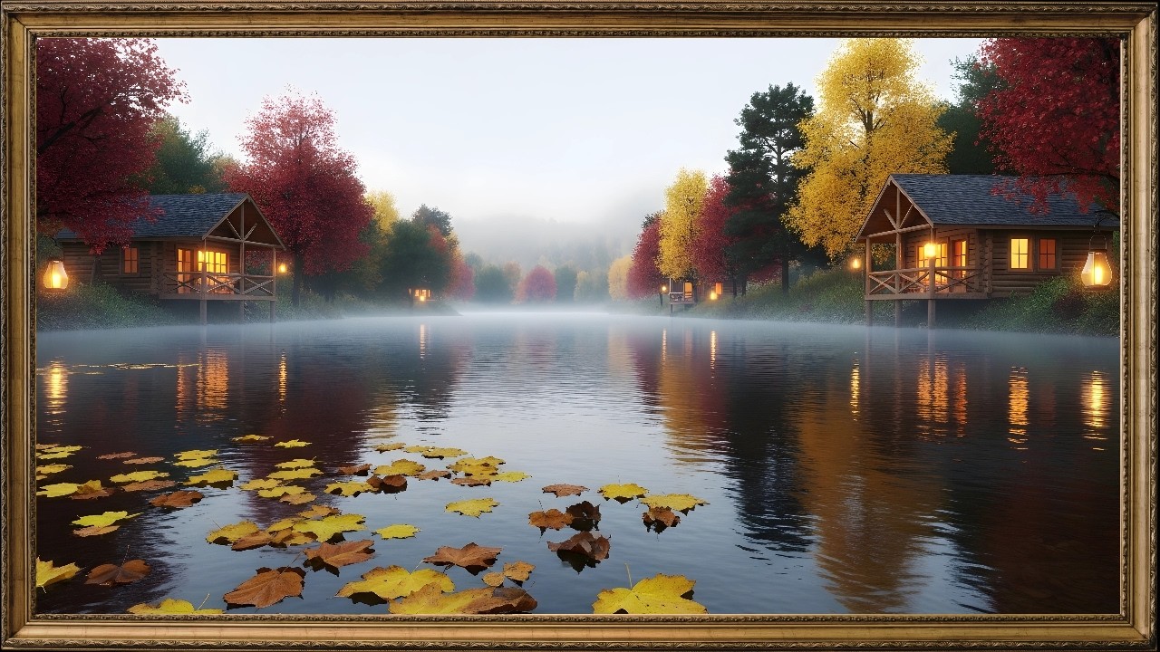 Autumn Lake Cabins at Sunrise  Cozy Fall Foliage Reflection Wallpaper 4K