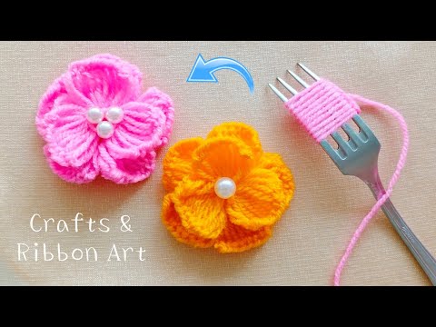 Super Easy Woolen Flower Making Ideas with Fork - Hand Embroidery Amazing Trick - DIY Woolen Flowers