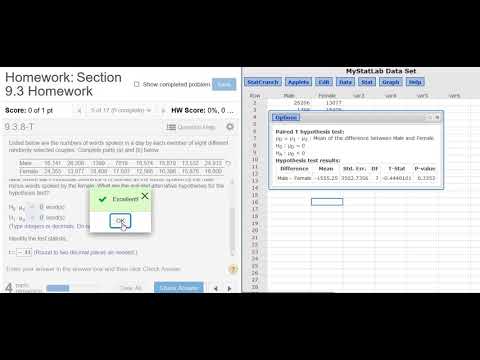 Hypothesis Tests for Matched Pairs in MyMathlab/MyStatlab using StatCrunch