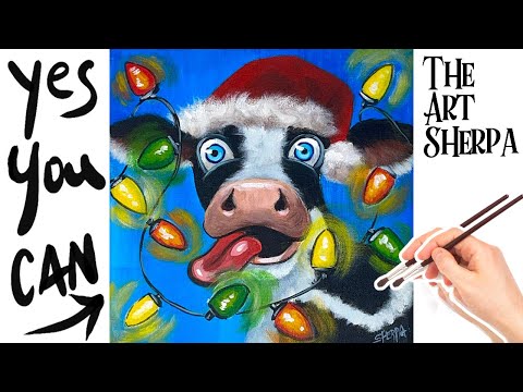 How to draw and paint an Easy Christmas Cow 🌟🎨 acrylics for beginners: Paint Night at Home