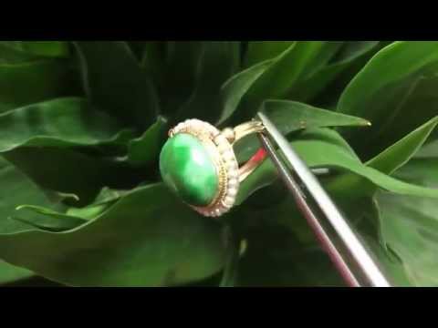 Antique 18k yellow gold natural green A Grade Jade Jadeite & Seeded White Pearl ring