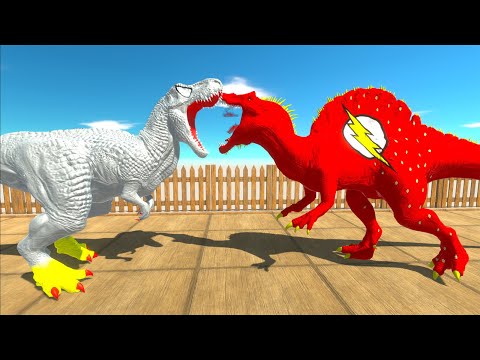 ALBINO T-REX vs CAPTAIN T-REX vs FLASH SPINOSAURUS DEATH RUN -  Animal Revolt Battle Simulator