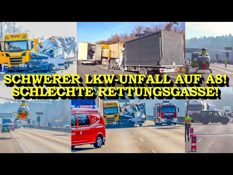 +++ SCHWERER LKW-UNFALL AUF A8 +++ ZWEI TRANSPORTER KRACHEN IN STAUENDE | SCHLECHTE RETTUNGSGASSE