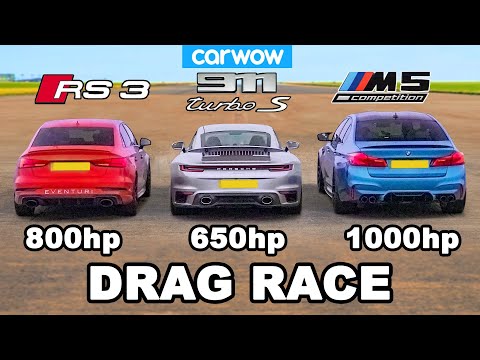 BMW M5 1,000hp v Audi RS3 800hp v Porsche 911 Turbo S - DRAG RACE