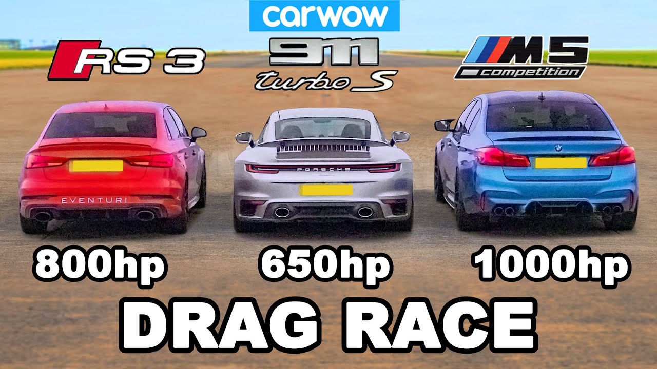 BMW M5 1,000hp v Audi RS3 800hp v Porsche 911 Turbo S - DRAG RACE