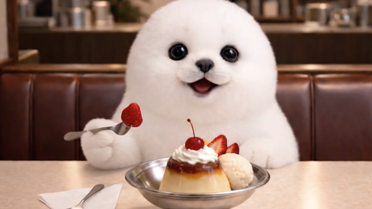 Cute Seal Arale Eats Pudding à la Mode 🦭🍮【ASMR】 #mukbang #pudding #cafe