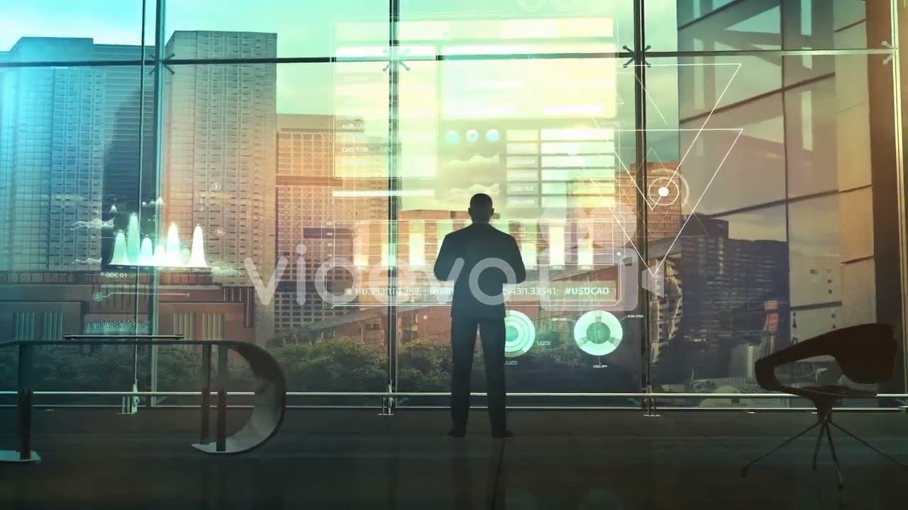 Animation Of Business Data Processing And Analysing On Screen Over Cityscape With Businessman On Mod