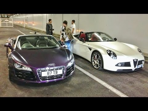 Alfa Romeo 8C Chasing Audi R8 V10 in Monaco, Loud Tunnel Runs