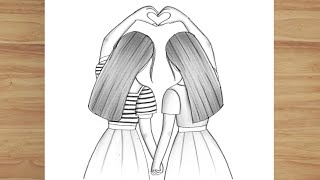 Two Sister / bff Easy pencil sketch for beginners | friendship day drawing