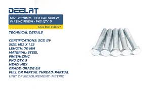 M12*1.25*70mm - Hex Cap Screw w/ Zinc Finish - Pkg Qty. 5