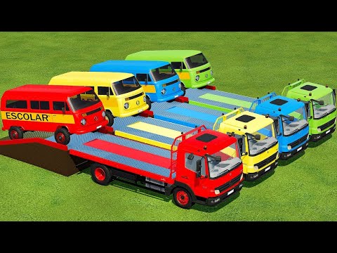 TRANSPORTING COLORED MINI SCHOO BUS WITH MERCEDE TRUCKS - Farming Simulator 22