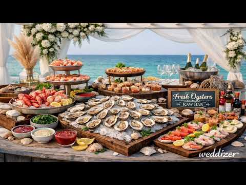 Add a touch of coastal luxury to your wedding with a stunning raw seafood bar and oyster station.