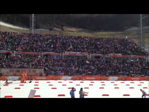 Sochi 2014 - Olympic Fans dancing "Spacedance" with Crowd Supporters. RusSki Gorki stadium.