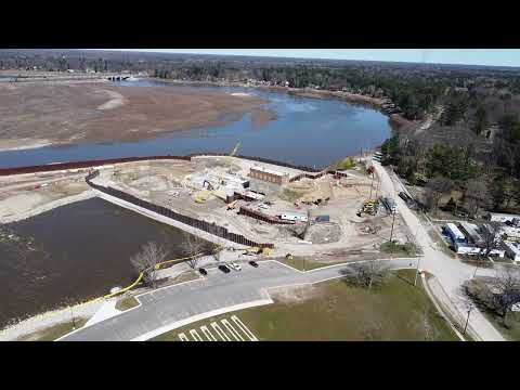 Drone Views of Sanford Lake Dam & Park, 4-6-2024. Sanford, MI  Park looks done, not the damn dam.