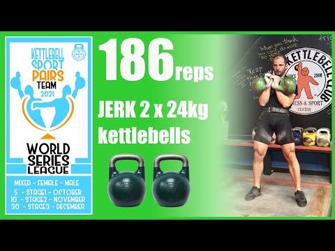 186reps of Jerk 2 x 24kg kettlebells in 10min by Denis Vasilev