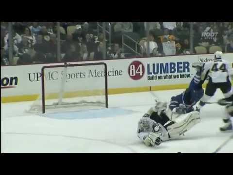 Marc-Andre Fleury and Kris Letang stop Tyler Bozak on a Breakaway January 31, 2012