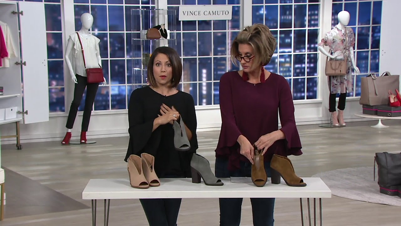 Watch video Vince Camuto Suede Front V-Cut Peep Toe Booties - Kalei on QVC Now Vince Camuto Suede Front V-Cut Peep Toe Booties - Kalei on QVC