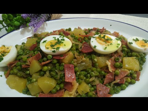 Salteado de Guisantes con Jamón y Patata / Receta económica / Fácil de preparar