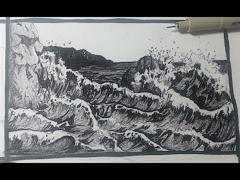 Pen Ink Drawing Tutorials | How to draw a seascape with waves