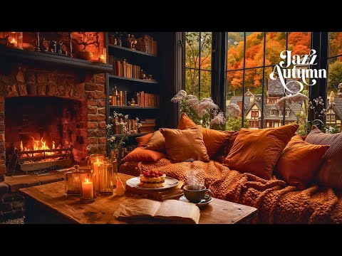 Cozy Living Room in Autumn Forest with Warm Fireplace | Smooth Piano Jazz Music for Work, Study
